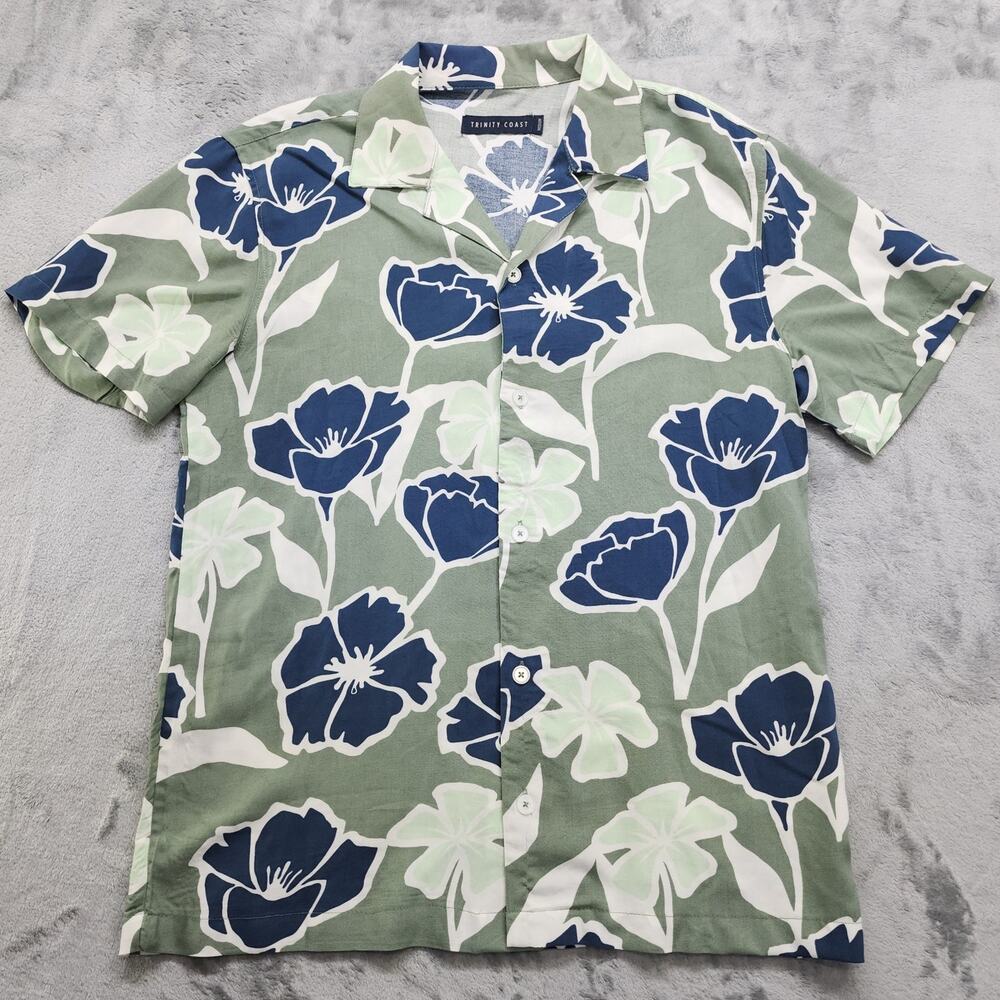 Trinity Coast Top Mens M Green Blue Floral Hawaiian Rayon Camp‎ Shirt Summer